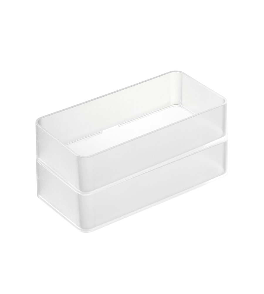 De YAMAZAKI TOWER lade-organizer wit M – set van 2 stuks – valt op door zijn minimalistische, stapelbare, rechthoekige ontwerp met doorzichtige deksels, afgebeeld tegen een witte achtergrond.