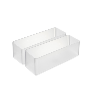 Twee witte, rechthoekige YAMAZAKI TOWER-ladeverdelers (set van 2) staan naast elkaar op een effen achtergrond – ideaal voor een efficiënte indeling van je lades.