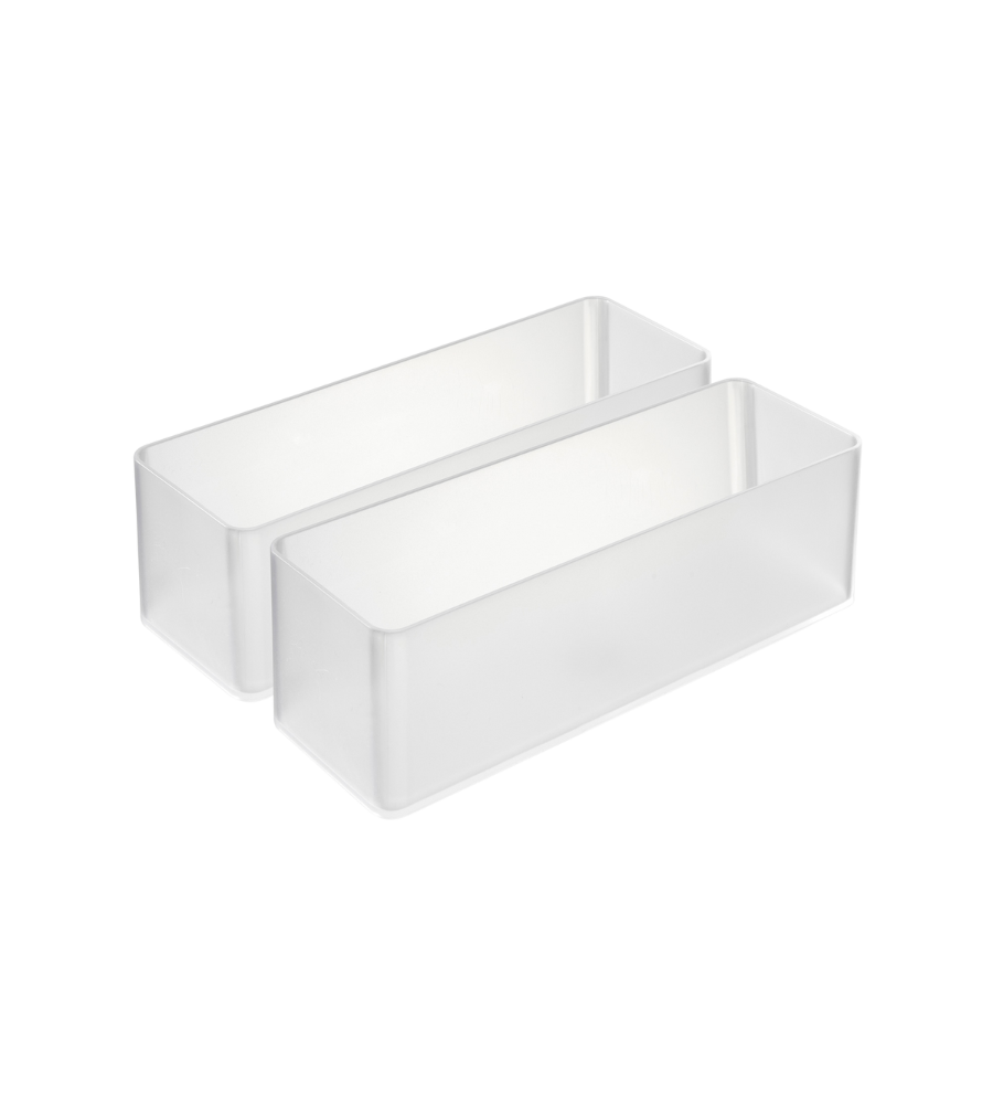 Twee witte, rechthoekige YAMAZAKI TOWER-ladeverdelers (set van 2) staan naast elkaar op een effen achtergrond – ideaal voor een efficiënte indeling van je lades.