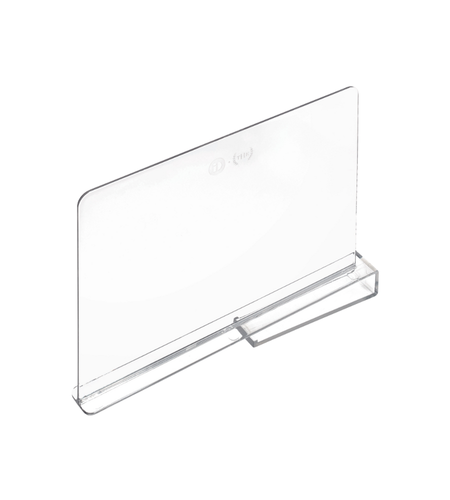 De iDesign HOME EDIT - schapverdeler TRANSPARANT is een doorzichtige acrylbordhouder met een horizontale, rechthoekige voet, die ideaal is om papieren rechtop op vlakke oppervlakken te presenteren. De lege schapverdeler wordt afgebeeld tegen een witte achtergrond.