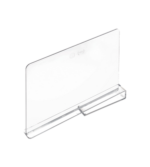 De iDesign HOME EDIT - schapverdeler TRANSPARANT is een doorzichtige acrylbordhouder met een horizontale, rechthoekige voet, die ideaal is om papieren rechtop op vlakke oppervlakken te presenteren. De lege schapverdeler wordt afgebeeld tegen een witte achtergrond.