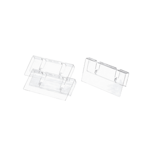 Drie heldere, rechthoekige HOME EDIT-etikethouders KLAR van iDesign staan afgebeeld tegen een eenvoudige witte achtergrond. Deze beschrijfbare displayhouders houden spullen rechtop, ideaal voor presentatie of organisatie. De set bevat 3 stuks.