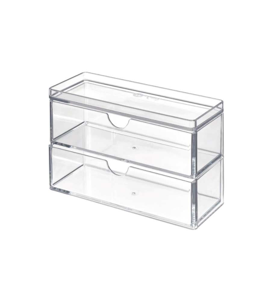 De iDesign HOME EDIT - Cosmetica-organizer TRANSPARANT met lade, een doorzichtige, rechthoekige organizer met twee uittrekbare laden, ideaal voor smalle planken, staat tegen een witte achtergrond.