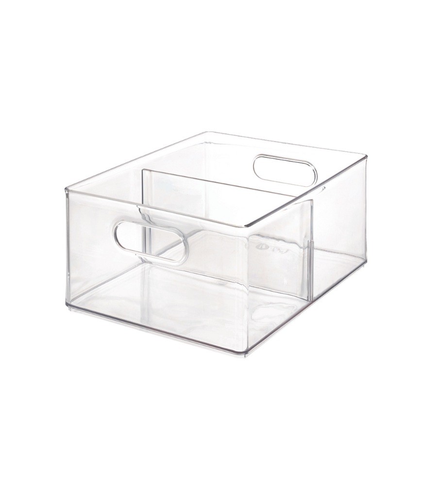 De iDesign HOME EDIT opbergbak TRANSPARANT met 2 vakken (25,4 x 34,3 x 15,2 cm) is een doorzichtige, rechthoekige bak met twee handgrepen aan de zijkant en een stapelbaar ontwerp, hier afgebeeld in lege toestand tegen een eenvoudige witte achtergrond.