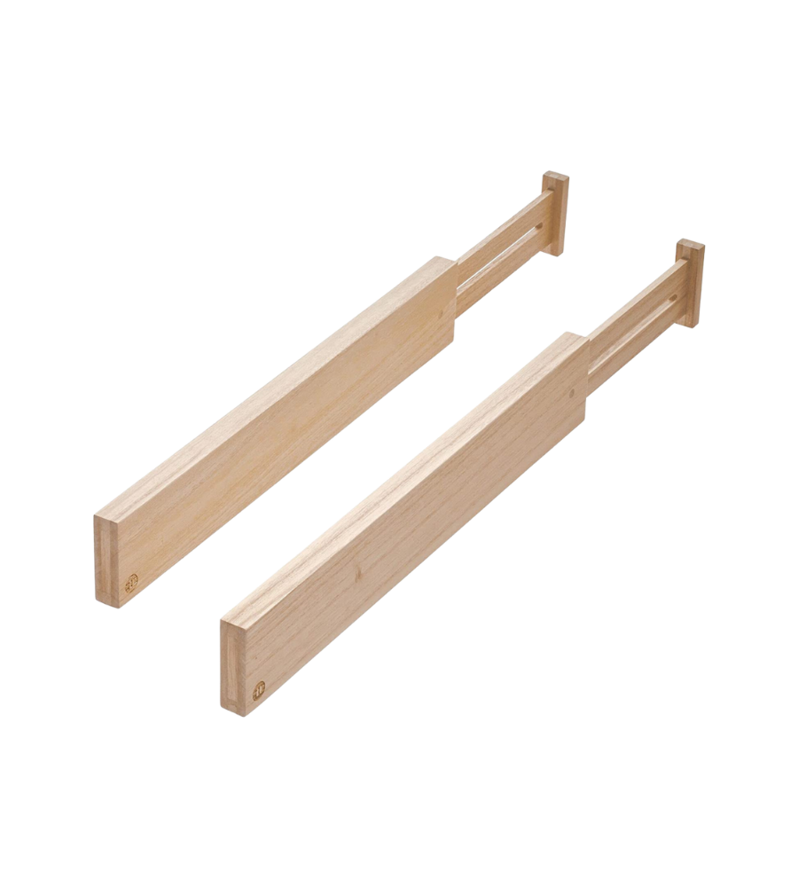 Twee iDesign ECO - lage ladeverdelers WOOD (set van 2 stuks) zijn naast elkaar afgebeeld op een witte achtergrond en hebben gladde oppervlakken van paulowniahout – perfect voor het ordenen van lades.