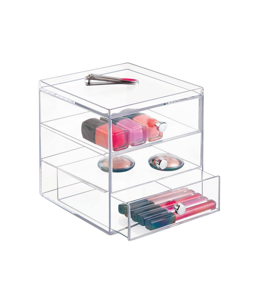 De iDesign DRAWER - Ladetoren KLAR met 3 vakken - Groot is een doorzichtige acryl-organizer met drie vakken en een uittrekbare lade, perfect voor het opbergen van nagellak, poederdoosjes, lipgloss en beautytools. Stijlvol en stapelbaar voor al je essentials.