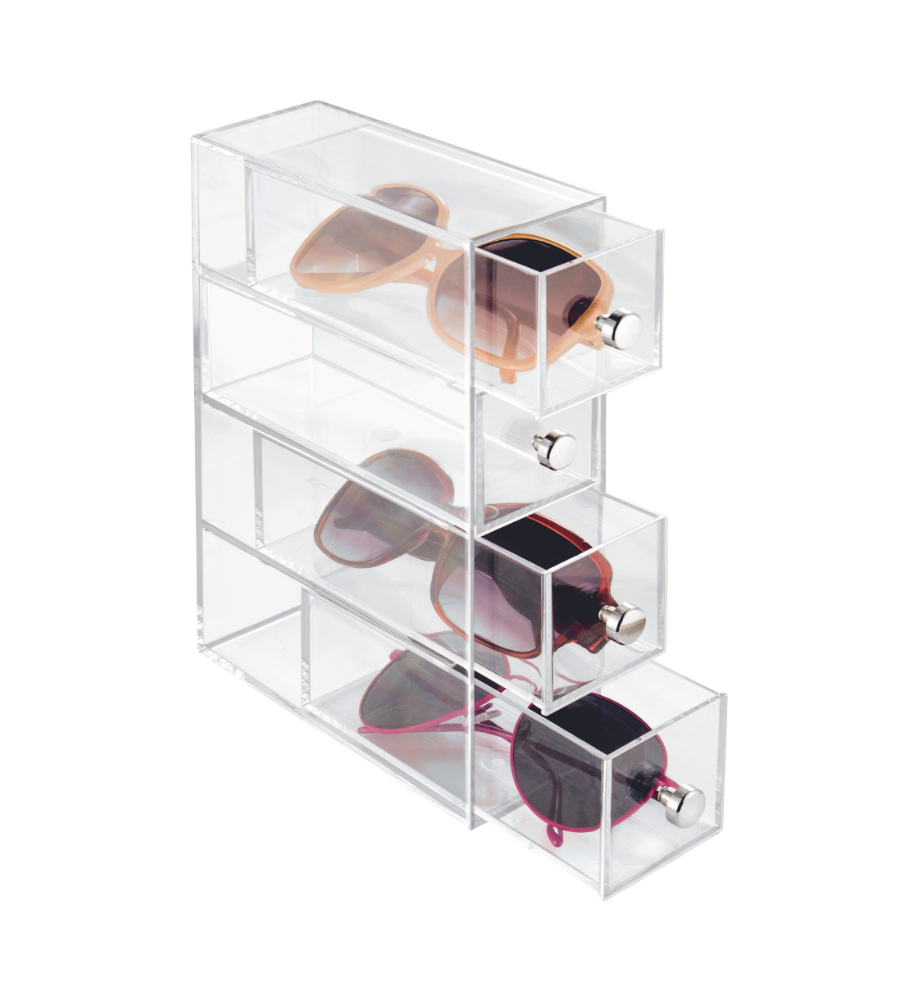 De iDesign DRAWER - Ladetoren KLAR met 4 vakken - Smal, gemaakt van helder acryl, presenteert overzichtelijk vier zonnebrillen met monturen in verschillende kleuren tegen een witte achtergrond - perfect stapelbaar en ruimtebesparend.