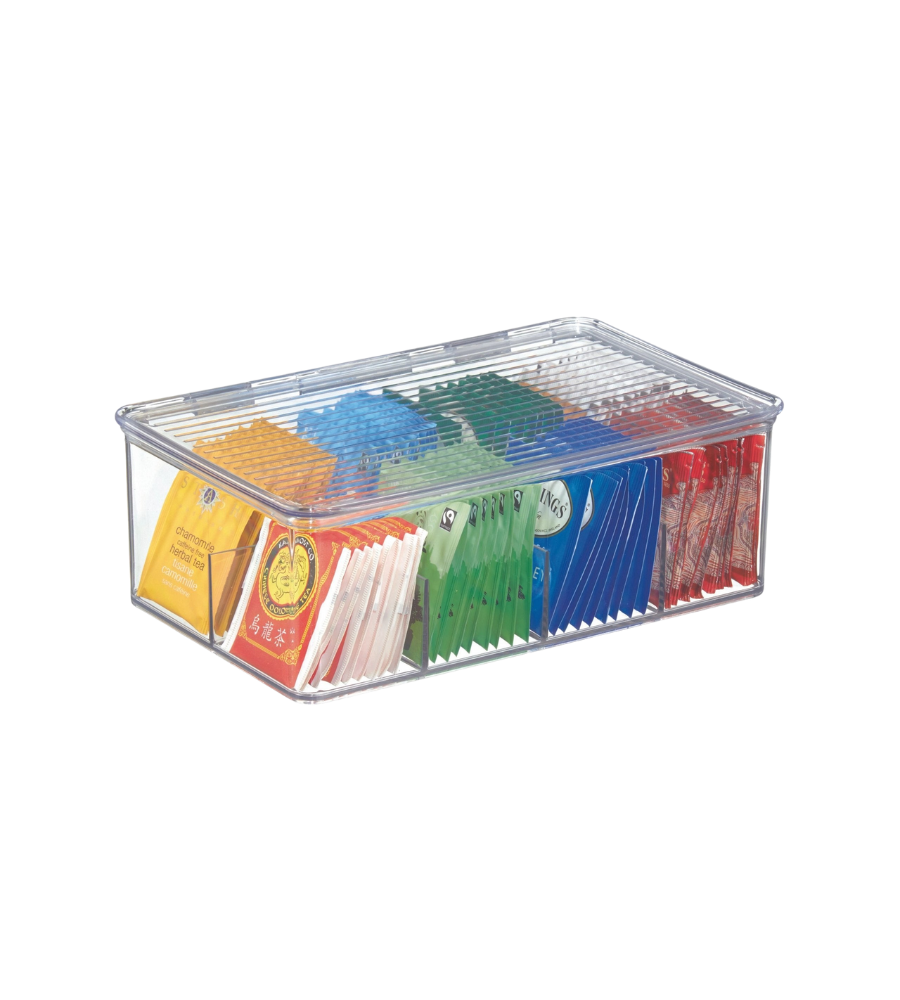 De theezakjesdoos bevat kleurrijke theezakjes, gesorteerd en netjes gerangschikt op doorzichtig plastic.