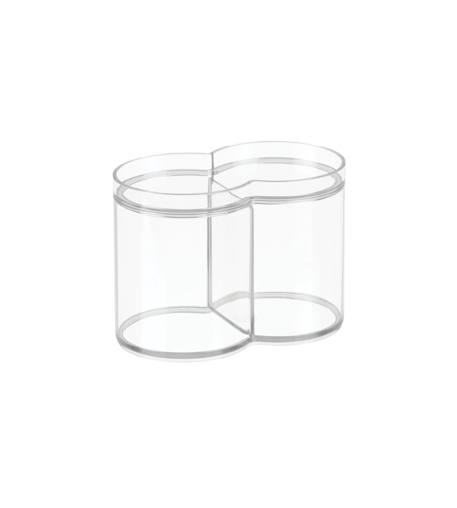 De iDesign CLARITY - cosmetica-organizer KLAR - met deksel heeft een doorzichtige, klavervormige dubbele binnenruimte met twee ronde vakjes, ideaal om in de badkamer te bewaren, tegen een strakke witte achtergrond.