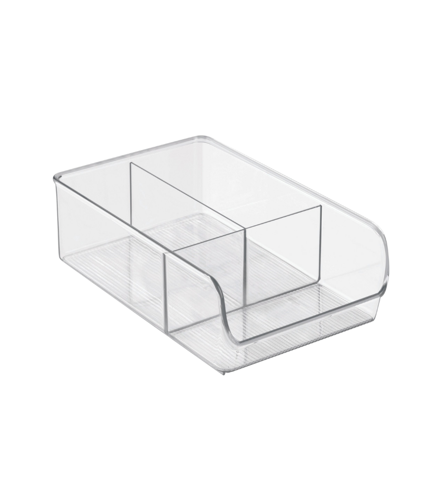 Veelzijdig inzetbaar: de iDesign LINUS opbergbak KLAR zorgt met zijn 3 vakken, rechte zijkanten en gestructureerde bodem voor optimale orde. De bak is leeg en staat op een witte achtergrond.