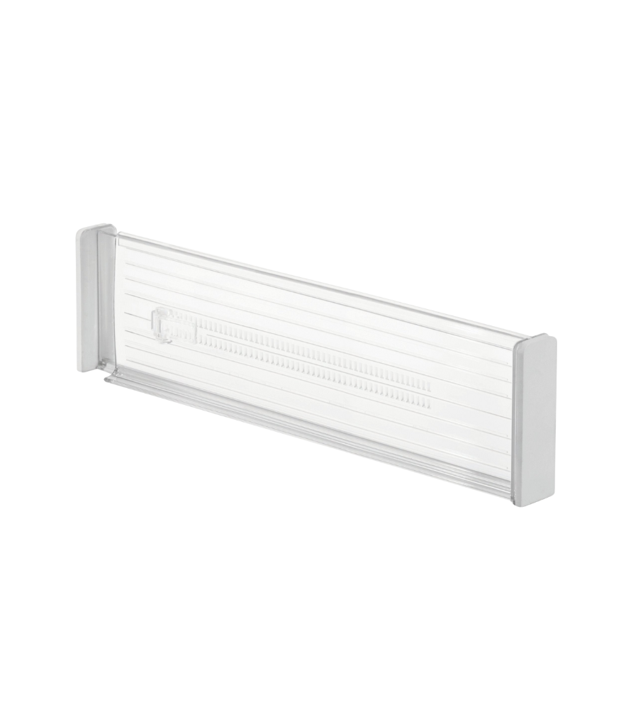 Rechthoekige plastic scheidingsstrip met horizontale lijnen op een witte achtergrond.