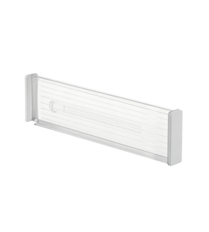Rechthoekige plastic scheidingsstrip met horizontale lijnen op een witte achtergrond.