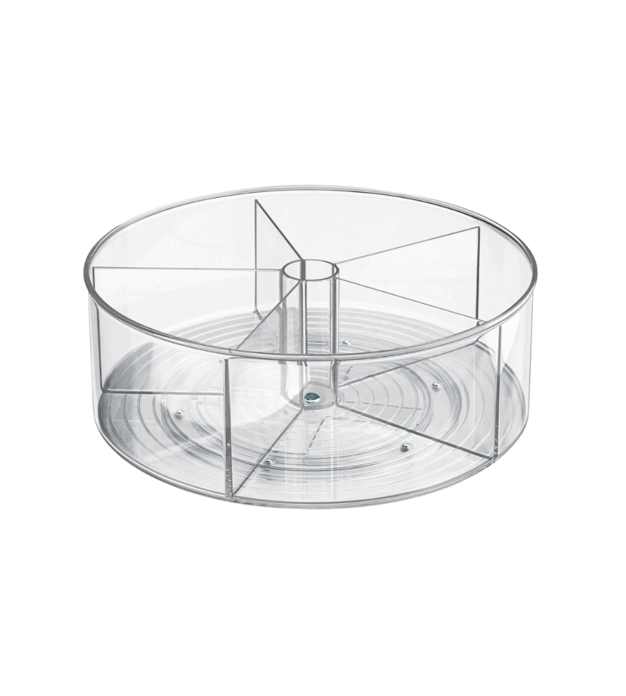 Ronde plastic bak met meerdere vakken, op een witte achtergrond.