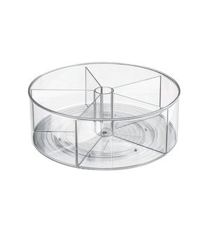 Ronde plastic bak met meerdere vakken, op een witte achtergrond.