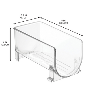 De iDesign BINZ - Flessenhouder KLAR - Single is een doorzichtige, stapelbare kunststof flessenhouder met een open voorkant, zodat je hem makkelijk in de koelkast kunt bewaren. Afmetingen: 20,3 x 9,7 x 10,2 cm. De zwarte pijlen geven de afmetingen aan.