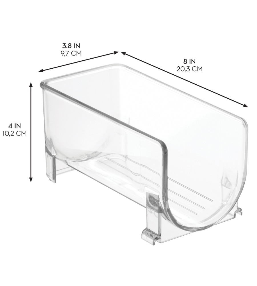 De iDesign BINZ - Flessenhouder KLAR - Single is een doorzichtige, stapelbare kunststof flessenhouder met een open voorkant, zodat je hem makkelijk in de koelkast kunt bewaren. Afmetingen: 20,3 x 9,7 x 10,2 cm. De zwarte pijlen geven de afmetingen aan.