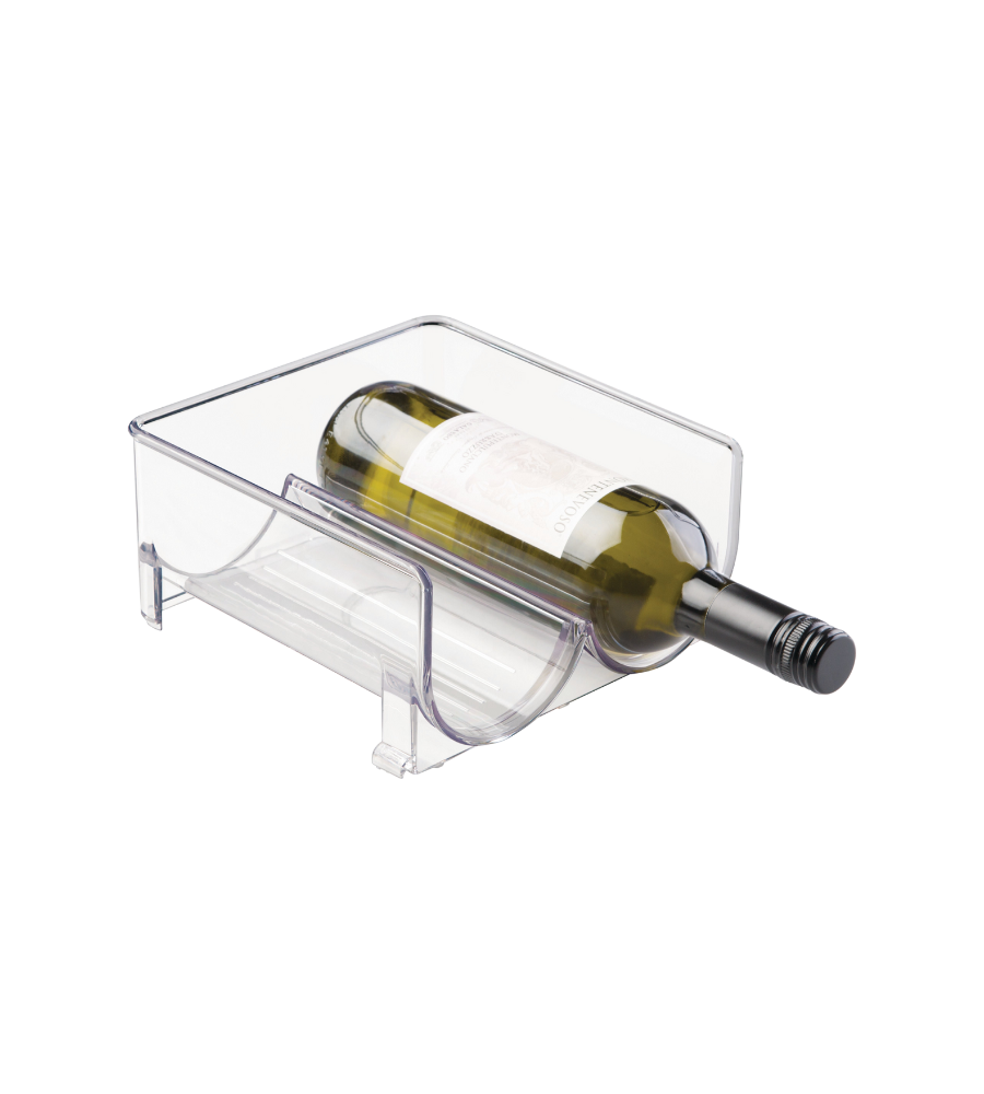 Kunststof doos met een liggende wijnfles, neutrale omgeving.