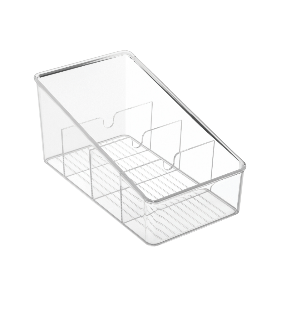 De iDesign LINUS - opbergbak DOORZICHTIG - met vakken is een doorzichtige, rechthoekige bak met tussenschotten en een licht afgeschuinde, open deksel – ideaal om orde te scheppen – afgebeeld tegen een witte achtergrond.