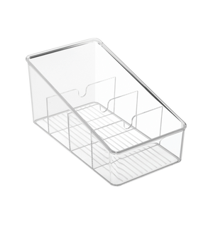De iDesign LINUS - opbergbak DOORZICHTIG - met vakken is een doorzichtige, rechthoekige bak met tussenschotten en een licht afgeschuinde, open deksel – ideaal om orde te scheppen – afgebeeld tegen een witte achtergrond.