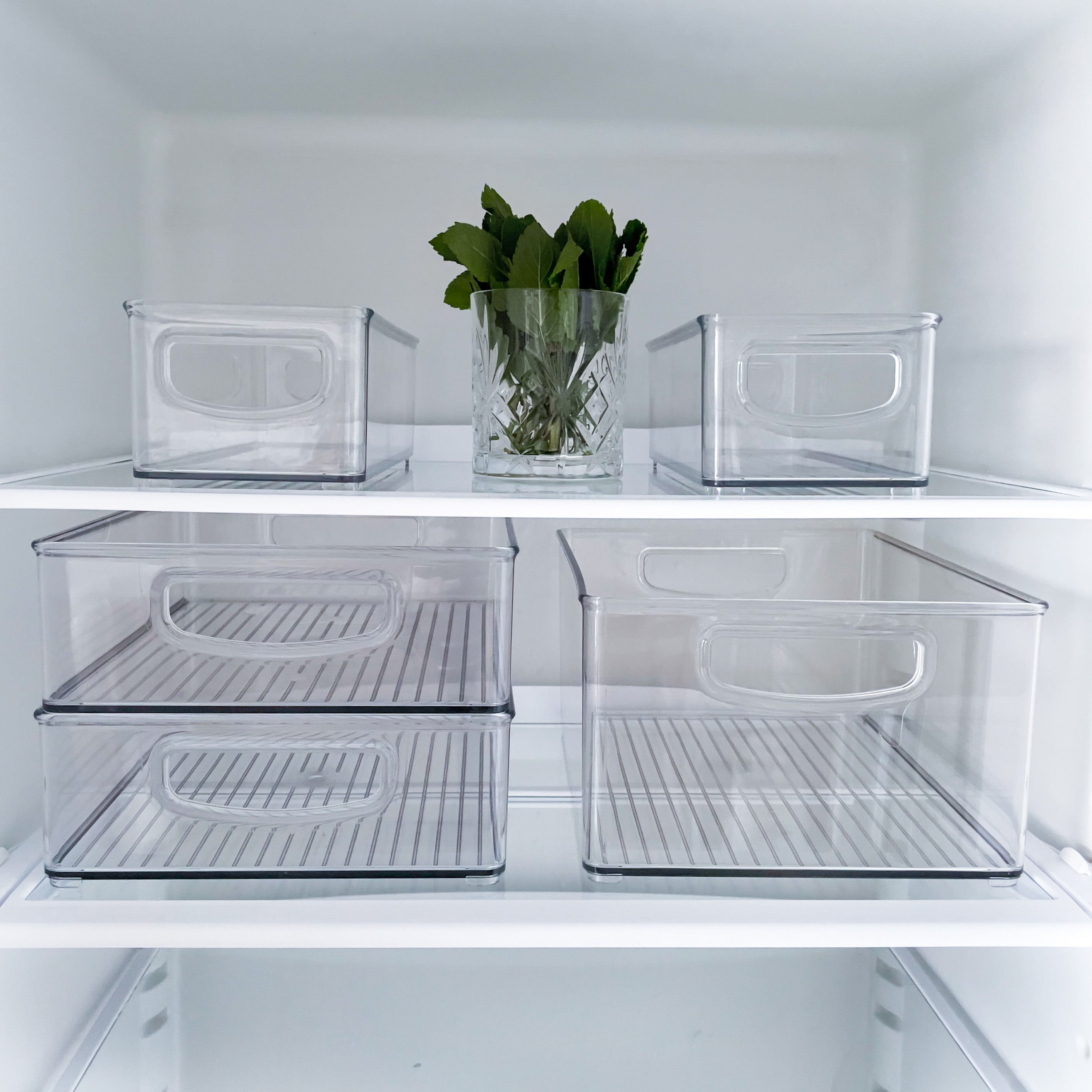 In een opgeruimd koelvak staat de iDesign-koelkastset MINI (5-delig): vijf stapelbare bakjes, allemaal leeg behalve een glazen pot in het midden met verse groene kruiden.