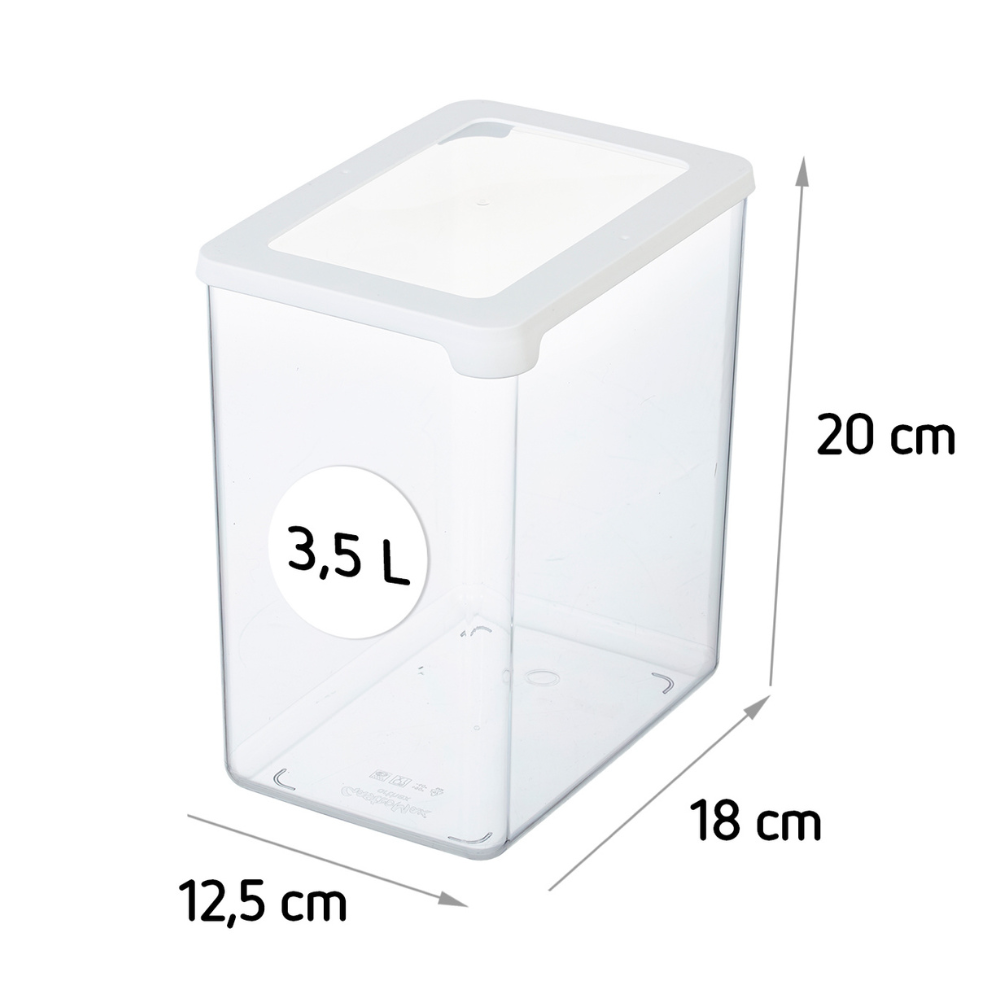 De Orthex SmartStore voorraadbakjes KLAR - Wit is een doorzichtige, rechthoekige kunststof bak van 3,5 liter met een luchtdicht wit deksel en afmetingen van 20x18x12,5 cm – perfect voor overzichtelijke en stapelbare opslag.