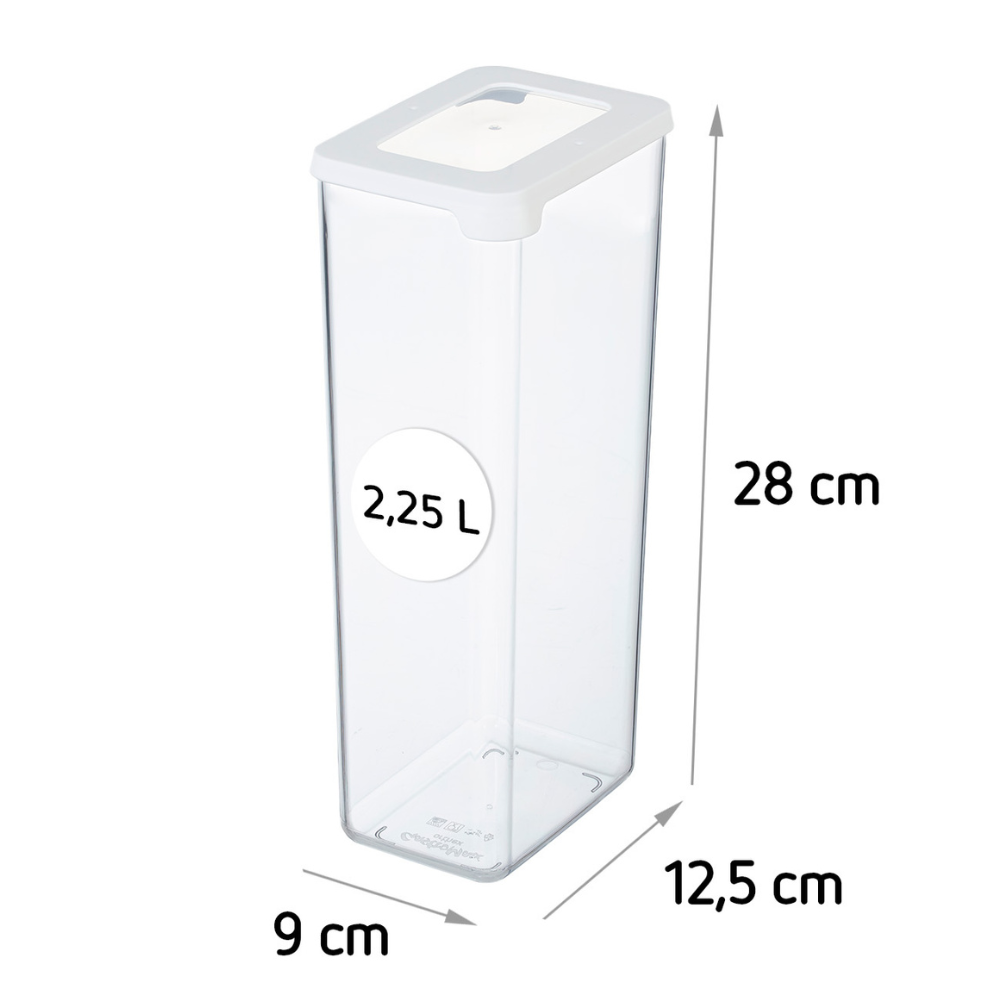 De Orthex SmartStore voorraadbakjes KLAR - Wit is een doorzichtige, rechthoekige bak van 2,25 liter met een wit deksel (28x12,5x9 cm), stapelbaar en luchtdicht – perfect voor het vers en overzichtelijk bewaren van je spullen.