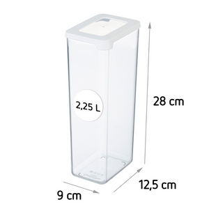De Orthex SmartStore voorraadbakjes KLAR - Wit is een doorzichtige, rechthoekige bak van 2,25 liter met een wit deksel (28x12,5x9 cm), stapelbaar en luchtdicht – perfect voor het vers en overzichtelijk bewaren van je spullen.