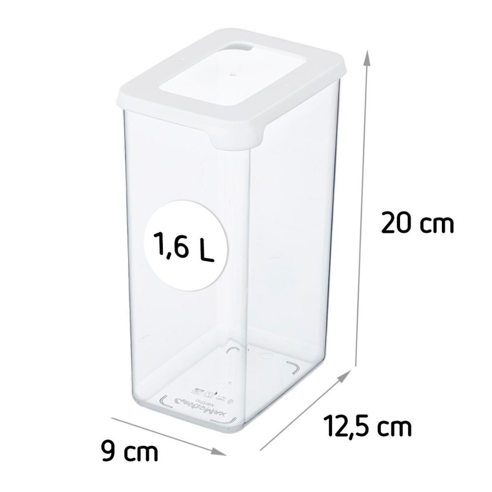 De Orthex SmartStore voorraadbussen DOORZICHTIG - Wit is een doorzichtige plastic bak van 1,6 liter met een wit deksel, luchtdicht voor extra versheid. Met afmetingen van 20 x 12,5 x 9 cm is hij stapelbaar voor een overzichtelijke opslag.