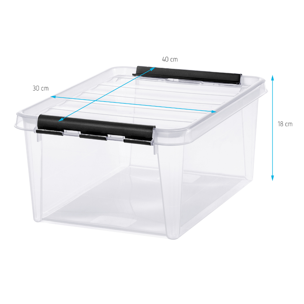 De Orthex SmartStore Box KLAR (40x30x18 cm, 14 l) is BPA-vrij, stapelbaar en heeft een zwarte dekselsluiting. De doorzichtige opbergbox wordt leeg afgebeeld tegen een witte achtergrond.