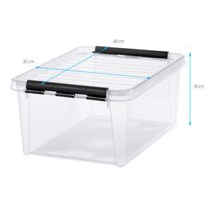De Orthex SmartStore Box KLAR (40x30x18 cm, 14 l) is BPA-vrij, stapelbaar en heeft een zwarte dekselsluiting. De doorzichtige opbergbox wordt leeg afgebeeld tegen een witte achtergrond.