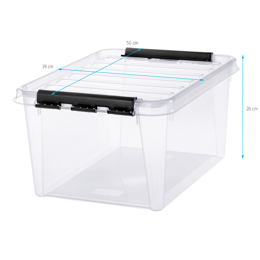 De Orthex SmartStore Box KLAR (31 l) is een stapelbare opbergbox van doorzichtig, BPA-vrij kunststof met zwarte handgrepen. Afmetingen: 50 x 39 x 26 cm.