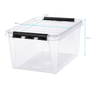 De Orthex SmartStore Box KLAR (31 l) is een stapelbare opbergbox van doorzichtig, BPA-vrij kunststof met zwarte handgrepen. Afmetingen: 50 x 39 x 26 cm.