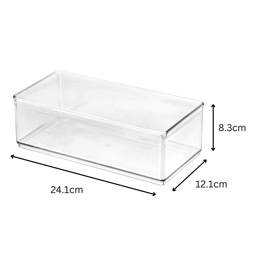 Rechthoekige plastic doos tegen een witte achtergrond, afmetingen 24,1 x 12,1 x 8,3 cm aangegeven.