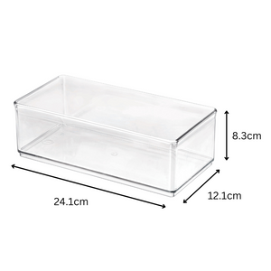 Rechthoekige plastic doos tegen een witte achtergrond, afmetingen 24,1 x 12,1 x 8,3 cm aangegeven.