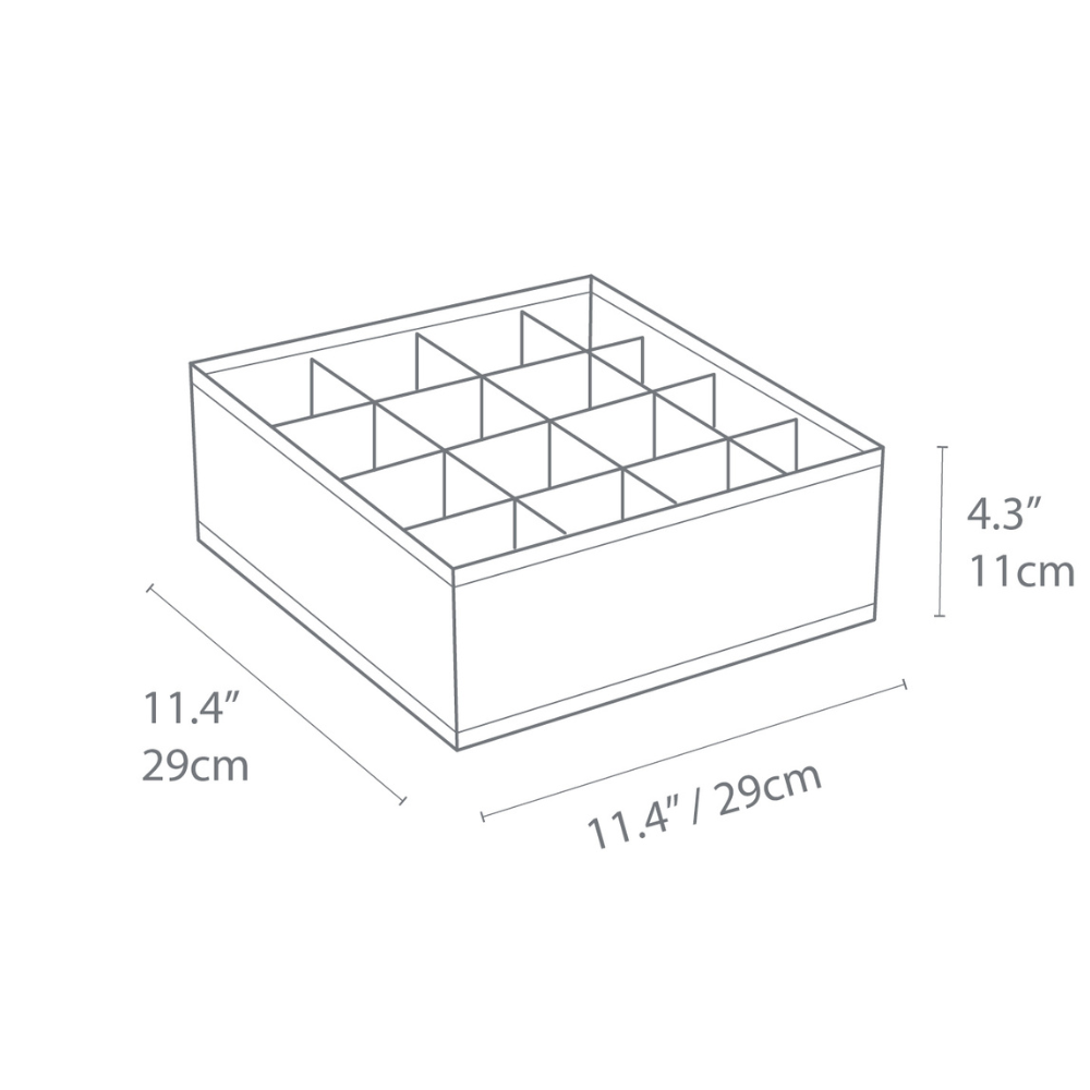 Een schets van de Bigso SOFT Organizer Grijs met 16 vakken. Afmetingen: 29 cm breed/lang, 11 cm hoog.