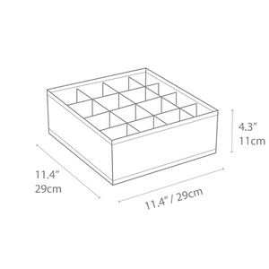 Een schets van de Bigso SOFT Organizer Grijs met 16 vakken. Afmetingen: 29 cm breed/lang, 11 cm hoog.