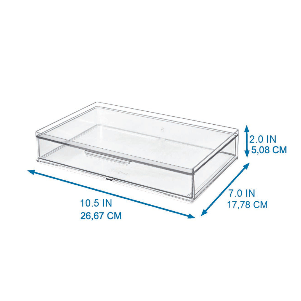 De iDesign HOME EDIT Organizer met lade, modulair – diverse maten is een doorzichtige opbergdoos met deksel (26,67 x 17,78 x 5,08 cm); de blauwe pijlen geven de afmetingen aan.