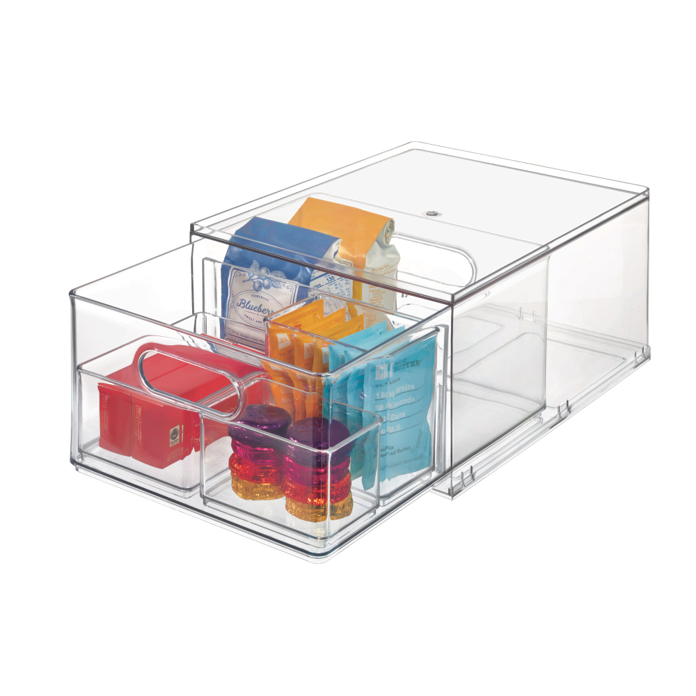 De iDesign HOME EDIT opbergdoos voor in de lade, transparant (35 x 26,7 x 19,7 cm), houdt kleine etenswaren zoals zakjes, kruidenpotjes en doosjes overzichtelijk in aparte vakjes.