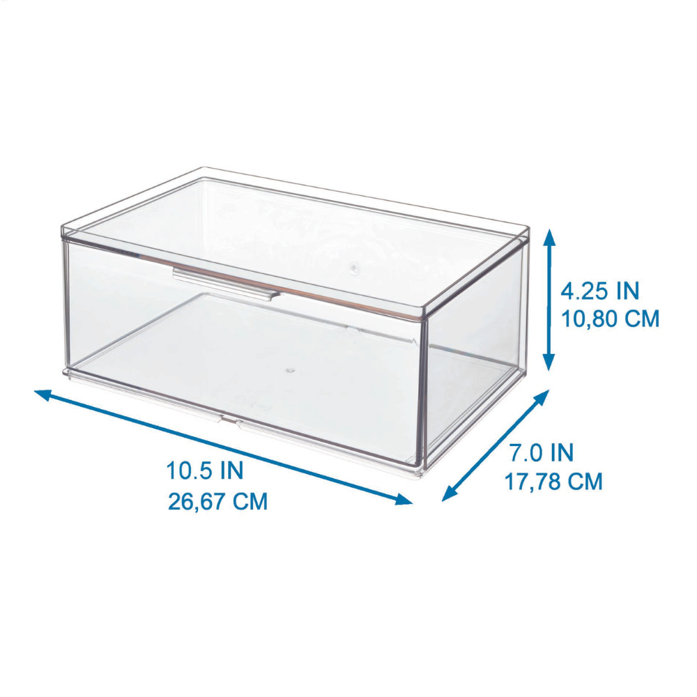 De iDesign HOME EDIT Organizer met lade is modulair en heeft een strakke rechthoekige vorm met aangegeven afmetingen: 26,67 cm (10,5") L, 17,78 cm (7") B en 10,80 cm (4,25") H, en blauwe pijltjes bij elke afmeting.