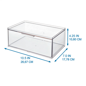 De iDesign HOME EDIT Organizer met lade is modulair en heeft een strakke rechthoekige vorm met aangegeven afmetingen: 26,67 cm (10,5") L, 17,78 cm (7") B en 10,80 cm (4,25") H, en blauwe pijltjes bij elke afmeting.