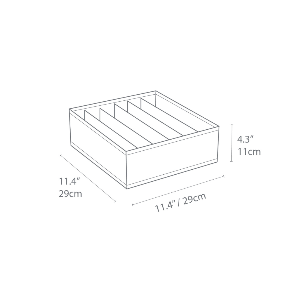 Schets van de Bigso SOFT Organizer Grijs – 6 vakken breed, een rechthoekige box met vijf vakken, 29 cm breed/lang en 11 cm hoog – ideaal als opbergbox voor ondergoed.