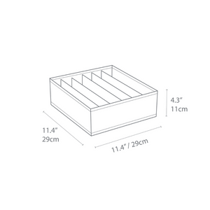 Schets van de Bigso SOFT Organizer Grijs – 6 vakken breed, een rechthoekige box met vijf vakken, 29 cm breed/lang en 11 cm hoog – ideaal als opbergbox voor ondergoed.