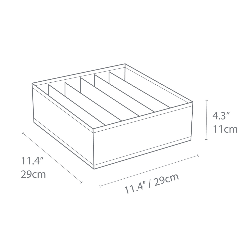 Schets van de SOFT Organizer Beige - 6 vakken breed van Bigso met zes vakken. De box is 29 cm breed en 11 cm hoog. De afmetingen staan op de foto vermeld.