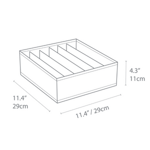 Schets van de SOFT Organizer Beige - 6 vakken breed van Bigso met zes vakken. De box is 29 cm breed en 11 cm hoog. De afmetingen staan op de foto vermeld.