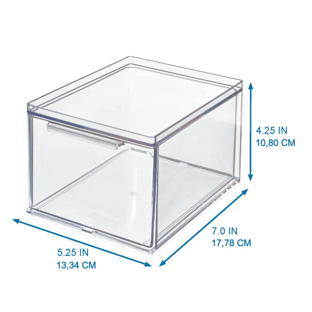 Transparante opbergruimte: de iDesign HOME EDIT-organizer met lade (17,8 cm B x 13,3 cm D x 10,8 cm H) is modulair, heeft een handvat en blauwe pijltjes – perfect voor veelzijdig gebruik in verschillende maten.