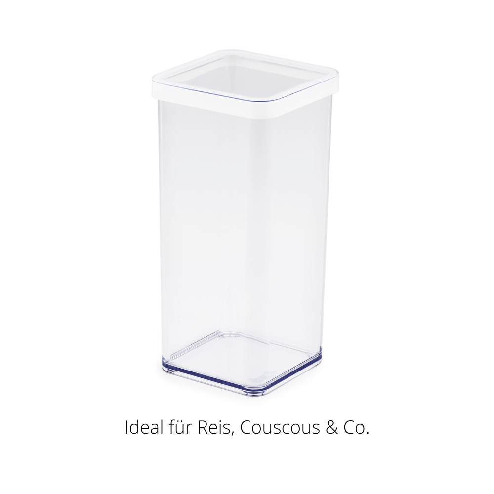 Doorzichtige plastic bak met wit deksel, tekst: „Ideaal voor rijst, couscous & co.“