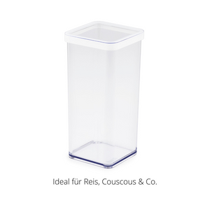 Doorzichtige plastic bak met wit deksel, tekst: „Ideaal voor rijst, couscous & co.“
