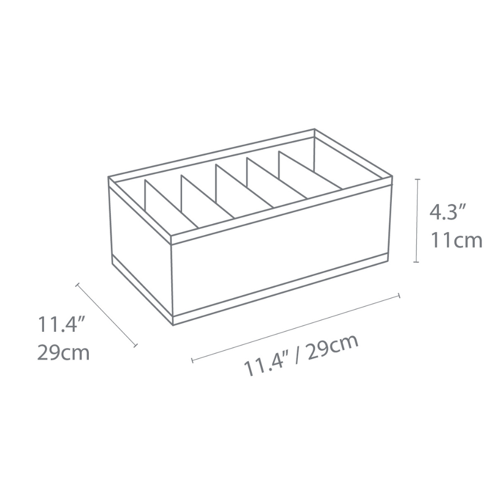 Schets van de Bigso SOFT Organizer Grijs – 6 smalle vakken. Deze rechthoekige box met zes smalle vakken is 29 cm x 29 cm x 11 cm groot en biedt veelzijdige opbergmogelijkheden.