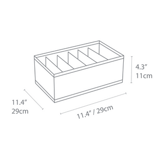 Schets van de Bigso SOFT Organizer Grijs – 6 smalle vakken. Deze rechthoekige box met zes smalle vakken is 29 cm x 29 cm x 11 cm groot en biedt veelzijdige opbergmogelijkheden.