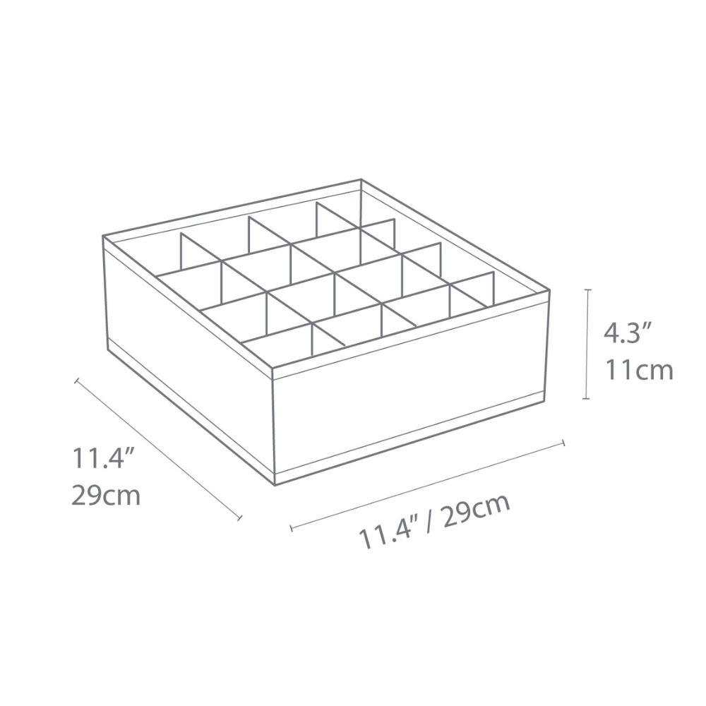 Schets van de Bigso SOFT Organizer Beige – 16 vakken, een vierkante box met 16 vakken, 29 cm per zijde en 11 cm hoog – ideaal voor veelzijdige opbergruimte.